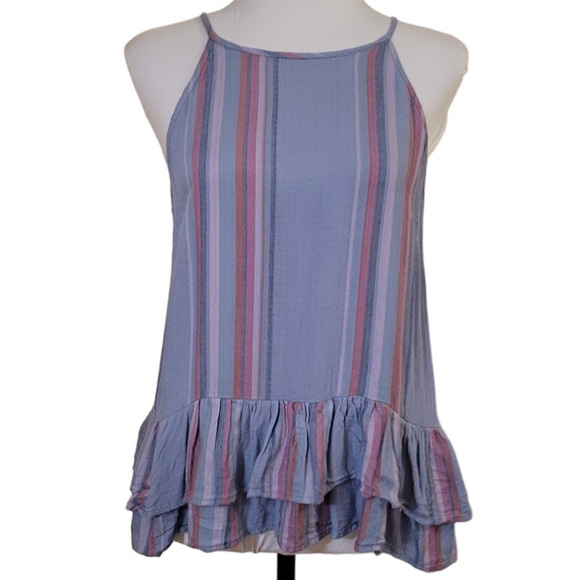 Ruffle Tiered Tank Top Beachy Coastal Stripes Vacation Boho Summer Cruise Size M - Picture 1 of 6